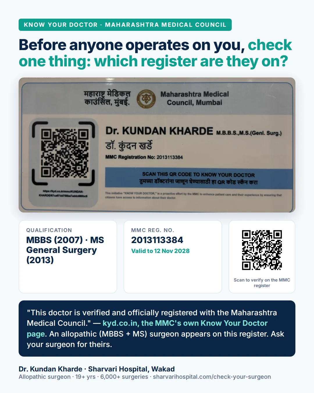 How to Verify Your Surgeon's Qualification in Maharashtra: Three Questions and a One-Minute Register Check — featured image, Sharvari Hospital blog