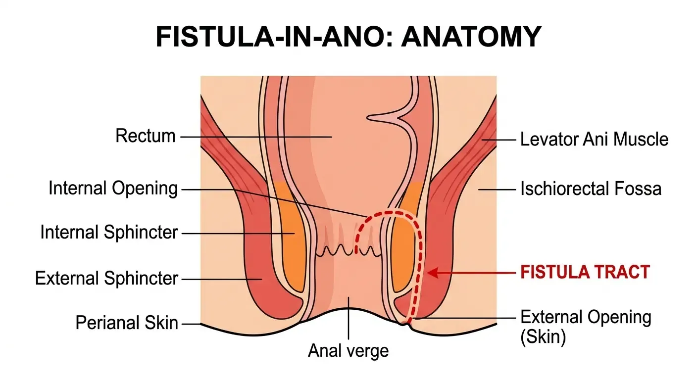 Fistula-in-ano anatomy diagram showing internal opening, external opening, fistula tract, sphincter muscles, and rectum