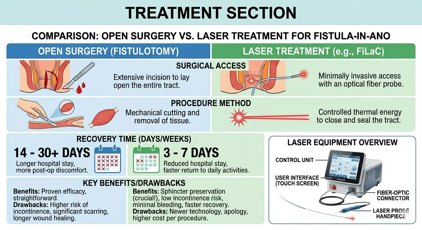 Comparison of open fistula surgery vs laser fistula treatment — surgical access, procedure method, recovery time 14-30 days vs 3-7 days, and key benefits including sphincter preservation